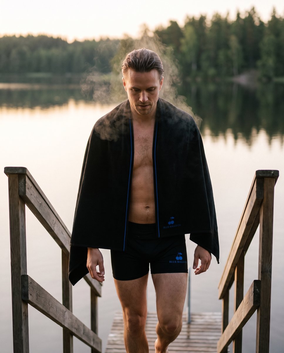 Man walking a misty pier after the sauna, The Wrap over his shoulders
